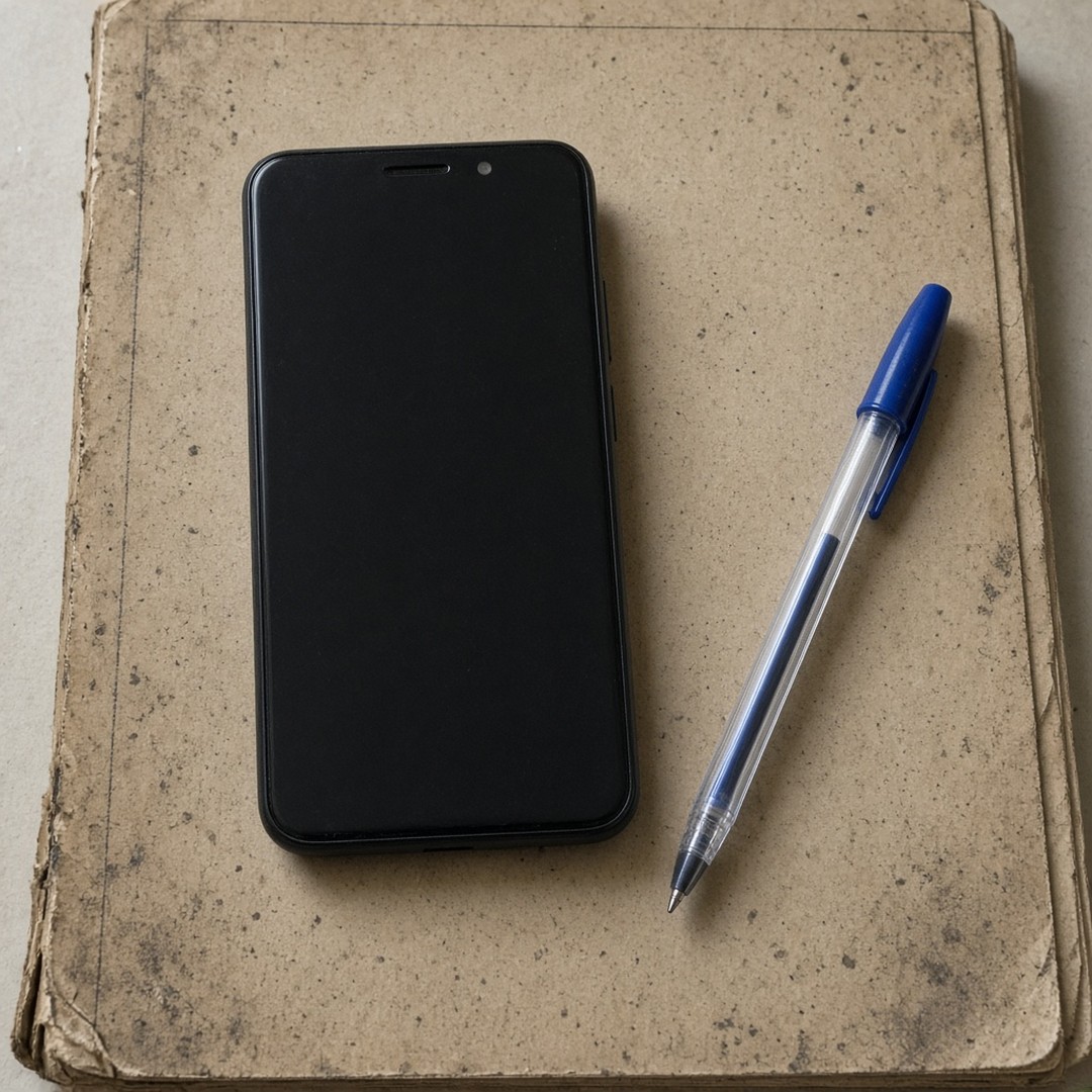 A switched-off phone and a pen on a worn notebook