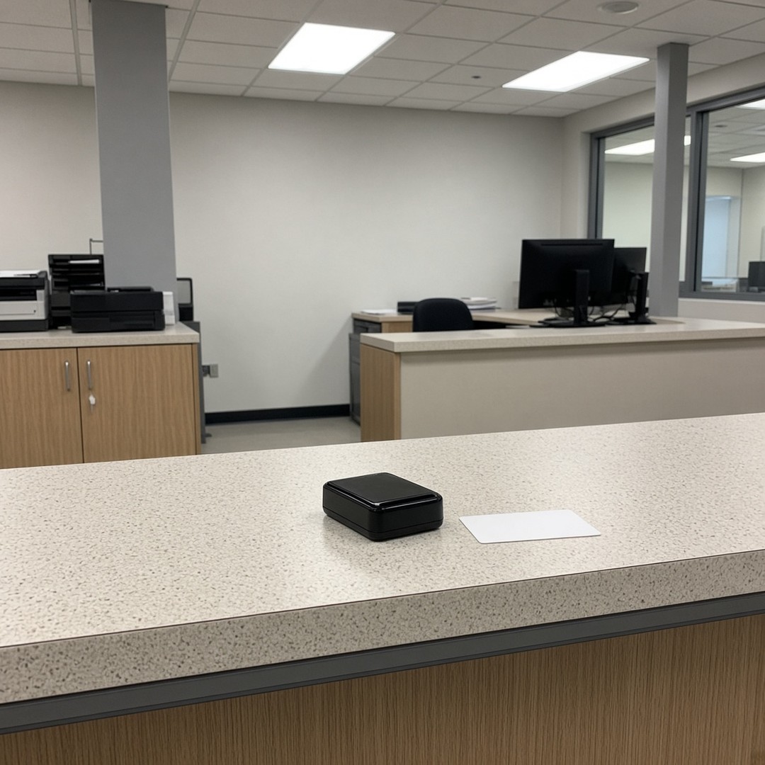 An empty office counter with a small black scanner and a blank card