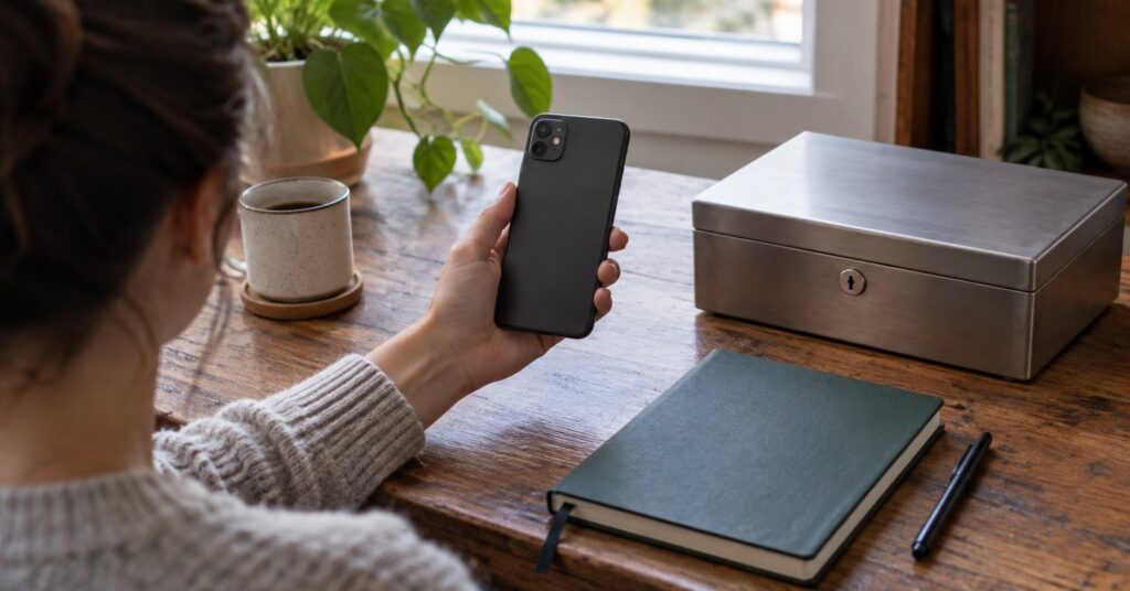 A person holding a phone beside a closed notebook and a locked document box on a home desk
