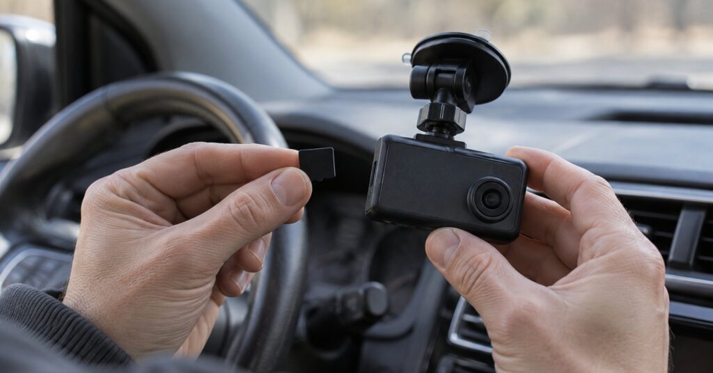 A hand holding a memory card beside a compact dash camera inside a parked car.