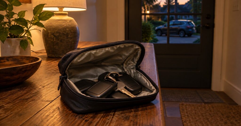 Car keys resting in an open fabric pouch on a hallway table near the front door.