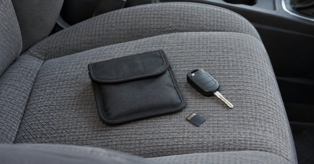 A car key, closed fabric pouch and small memory card on the passenger seat of a parked car.