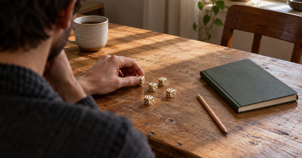 Five plain dice beside a pencil and a closed notebook on a wooden table.