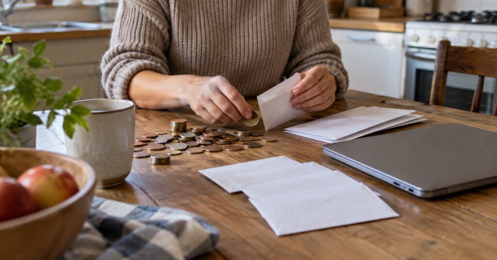 Hands sorting coins into plain paper envelopes on a kitchen table beside a closed laptop