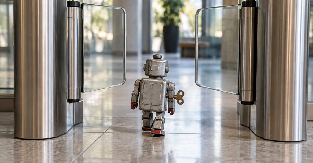 A small tin toy robot walking through an open turnstile in a building lobby