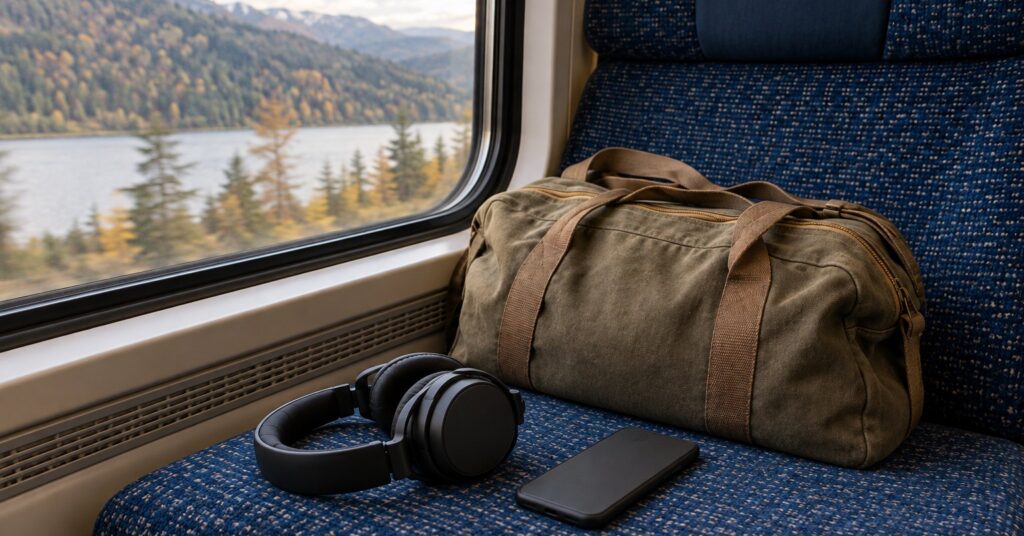 Headphones beside a face-down phone and travel bag on a train seat