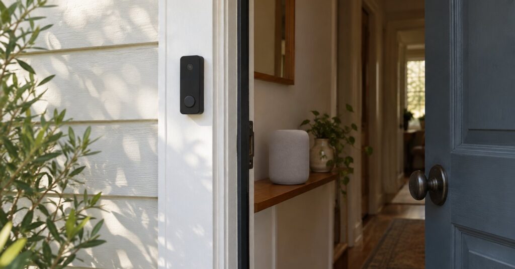 A front door with a small doorbell and a plain speaker on a hallway shelf.