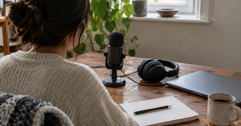 Microphone and headphones beside a closed laptop on a home recording desk.