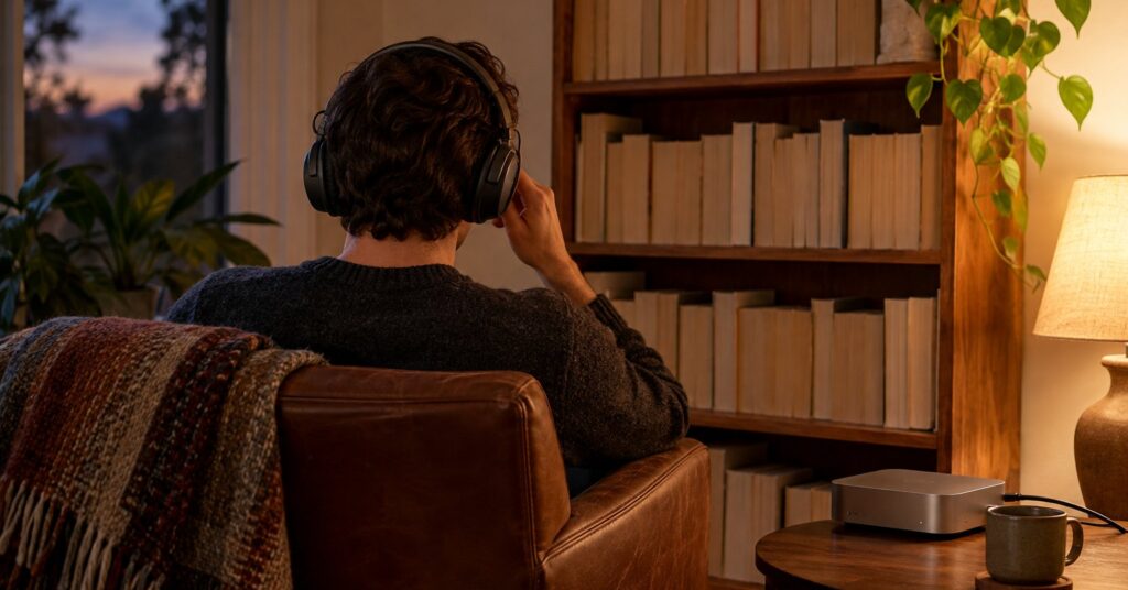 Person with headphones beside a bookshelf and a small home computer