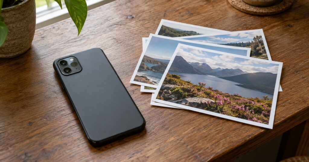 A face-down smartphone beside landscape photo prints on a wooden desk.