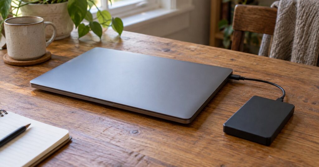 A laptop and an external hard drive sitting together on a wooden desk.