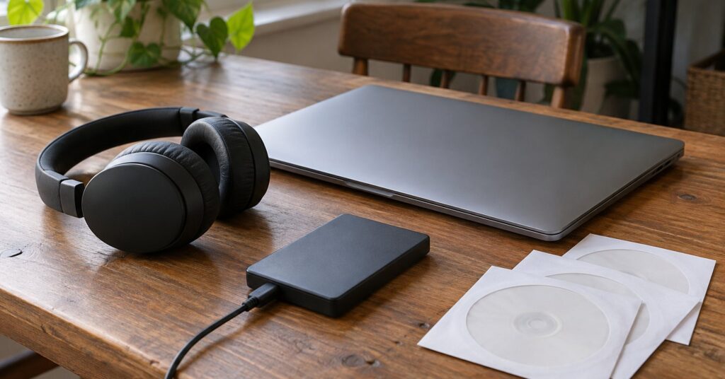Headphones, an external drive and plain CD sleeves beside a closed laptop on a wooden desk.