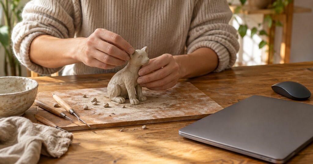 A person shapes a small clay figure beside a closed laptop and a mouse.