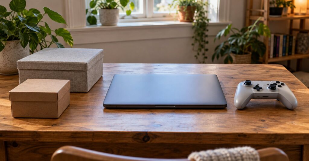 A closed laptop, game controller and small storage boxes on a tidy home desk.