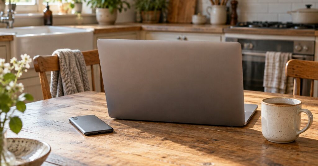 A laptop and a phone on a kitchen table, screens turned away, beside a cup of tea.