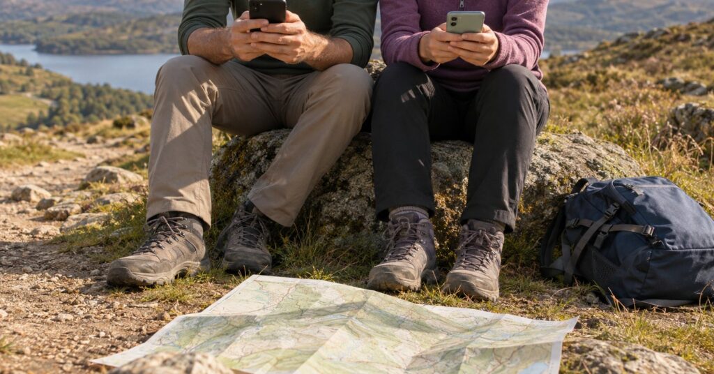 Two walkers holding phones beside a paper map and travel bag on a quiet rural trail.