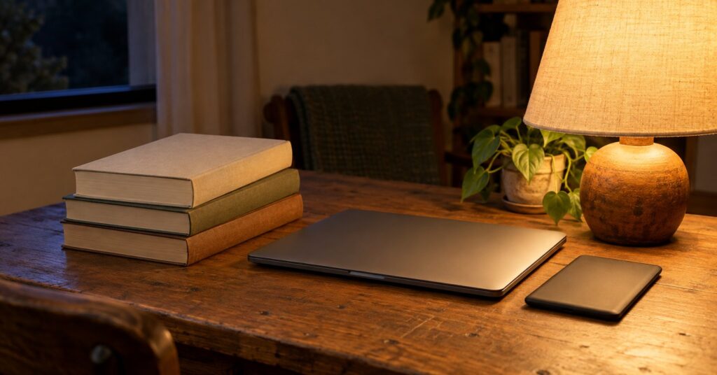 Desk with paper books, a closed laptop and a face-down e-reader