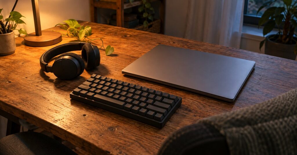 Headphones, a keyboard and a closed laptop on a softly lit home gaming desk