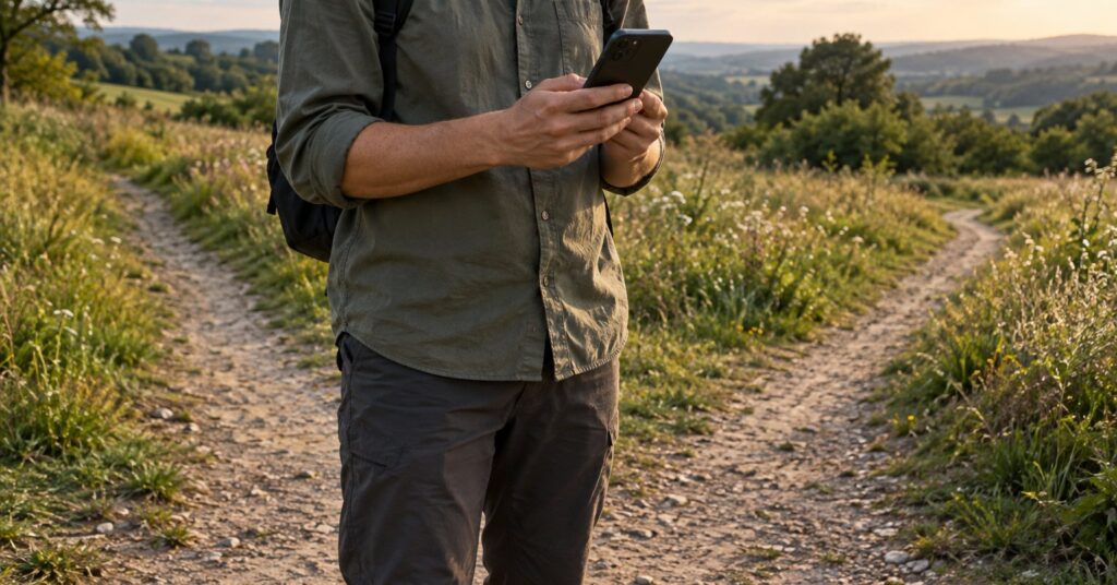A walker pauses at a country trail junction with a phone held screen-away.