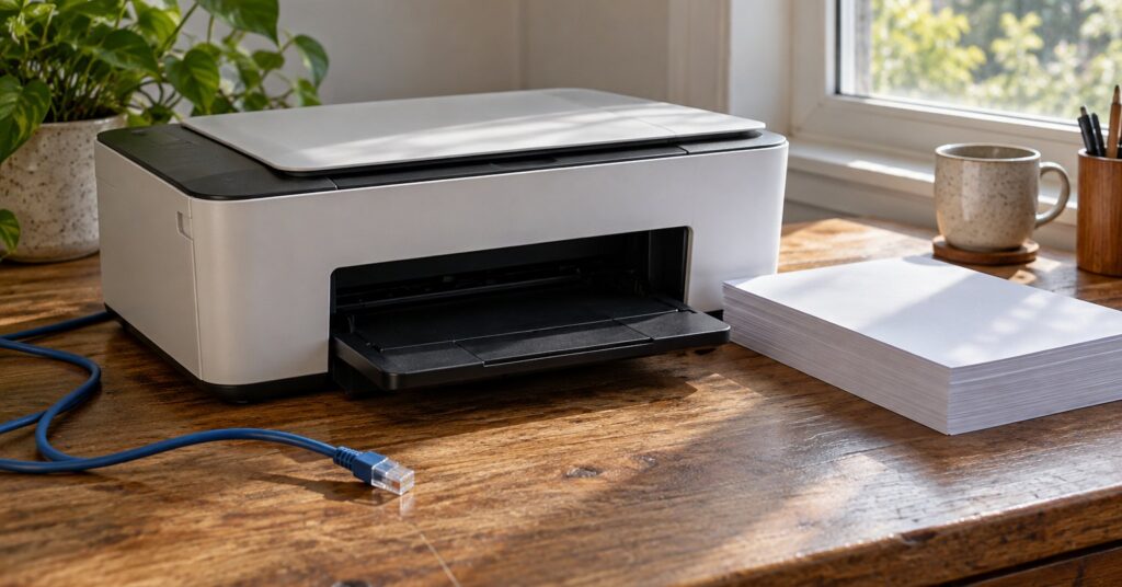 An unbranded printer beside blank paper and a network cable on a wooden desk.