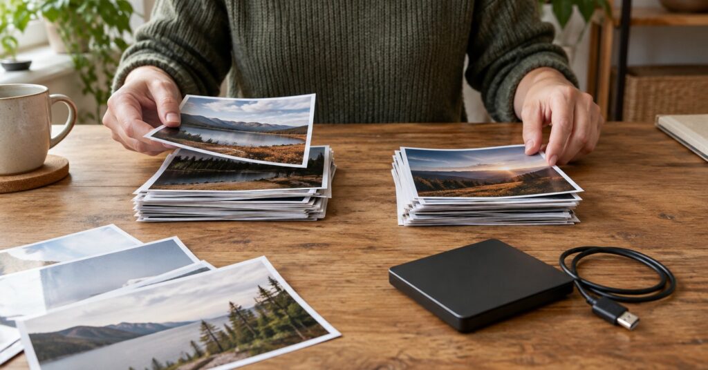 Person sorting printed photographs into two piles beside an external drive