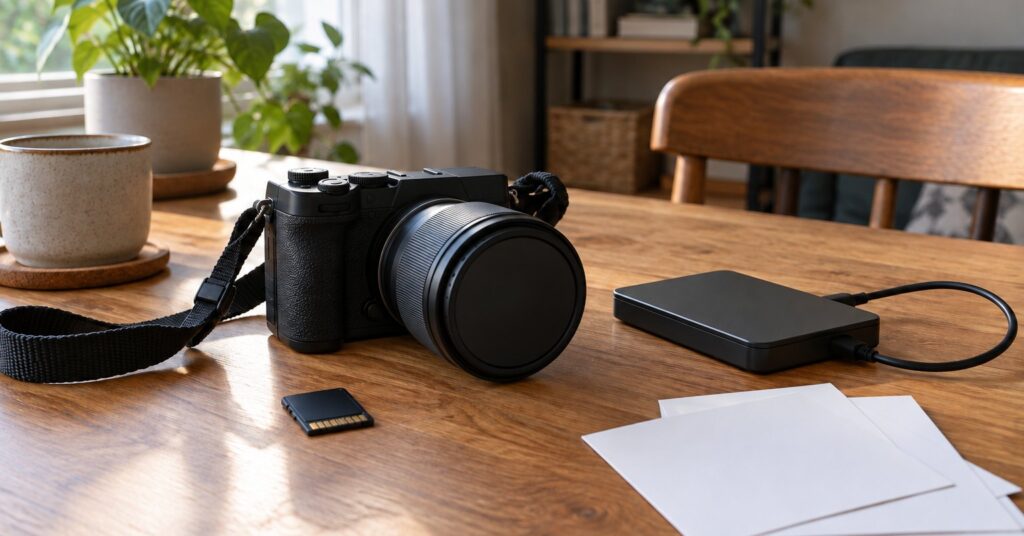 Camera, memory card, external drive and face-down photo prints on a sunlit desk