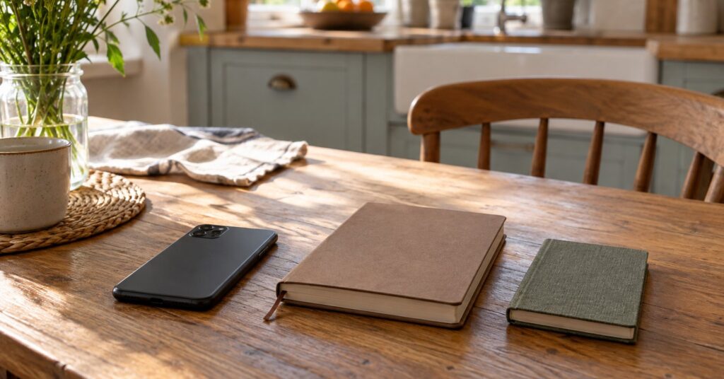 A face-down phone beside a closed diary and a small address book on a wooden table.