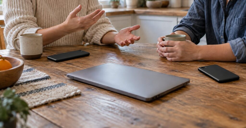 Two friends at a kitchen table beside a closed laptop and two face-down phones.