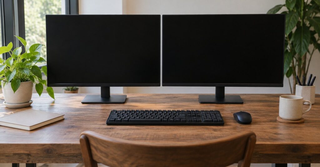 Two dark monitors on a desk with one keyboard and one mouse between them.