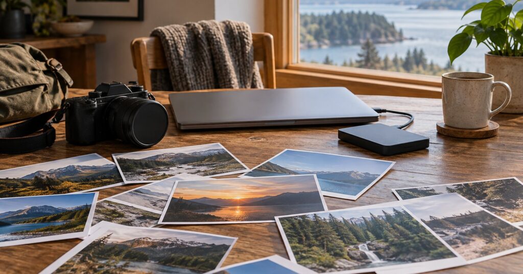 A closed laptop, external drive and camera beside printed photographs on a home desk.