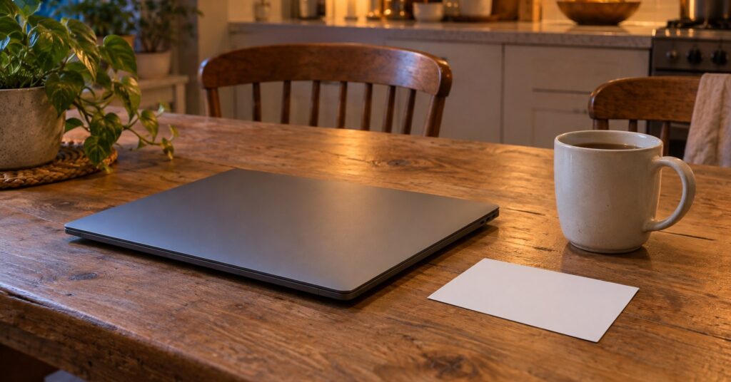 A closed laptop, a blank card and a mug on a wooden table.