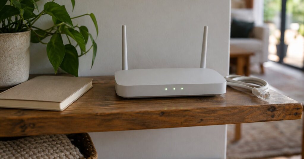 A home router with status lights beside a closed notebook and an ethernet cable.