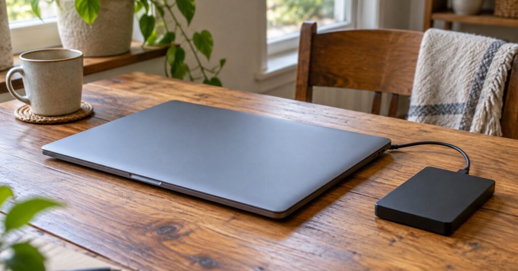 A closed laptop beside an external hard drive on a wooden desk.