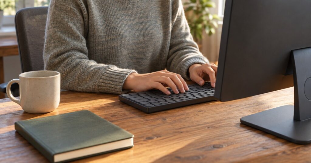 Hands on a keyboard at a wooden desk beside a closed notebook and a mug