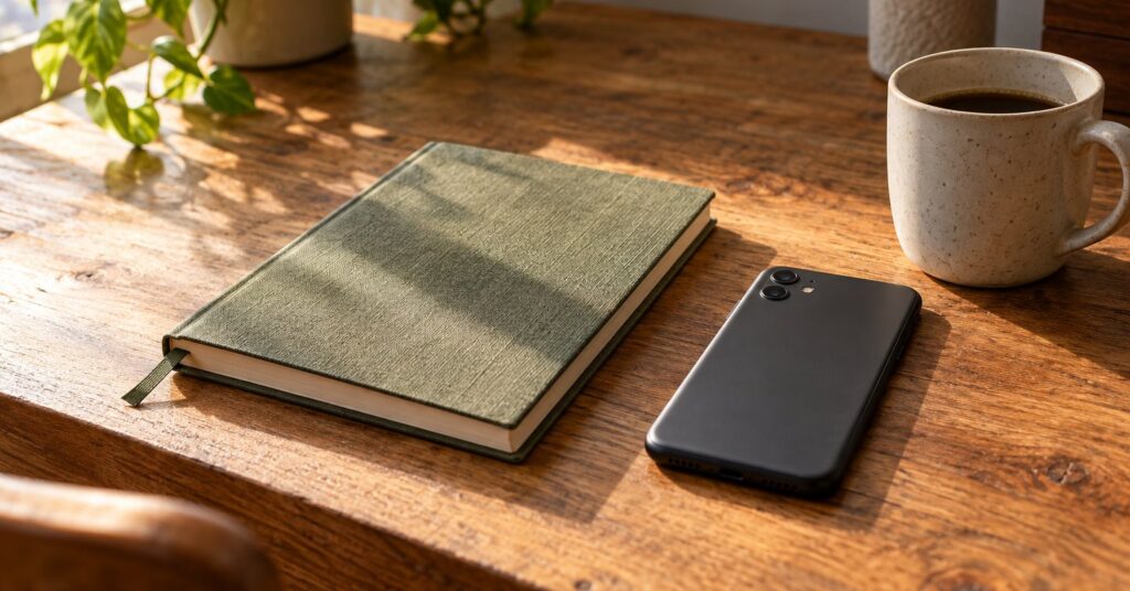 A closed planner beside a face-down phone and a mug on a wooden desk.
