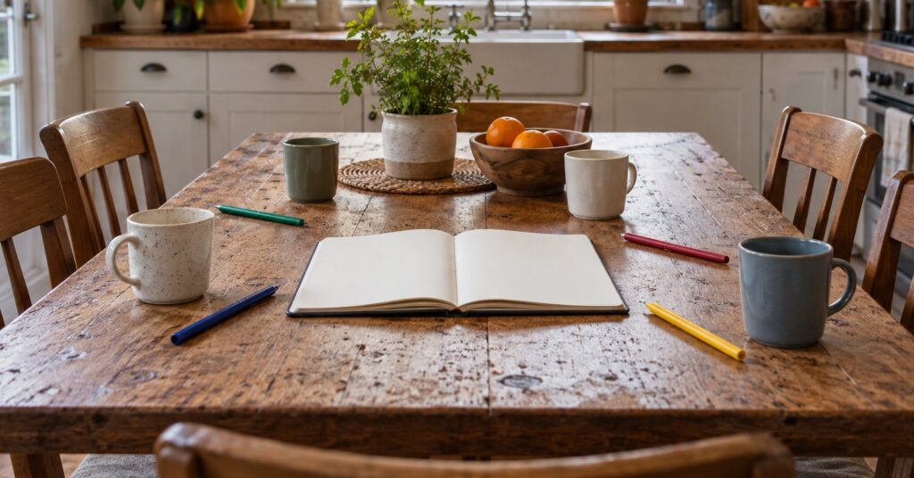 A blank notebook and coloured pens on a kitchen table, with chairs pulled in.