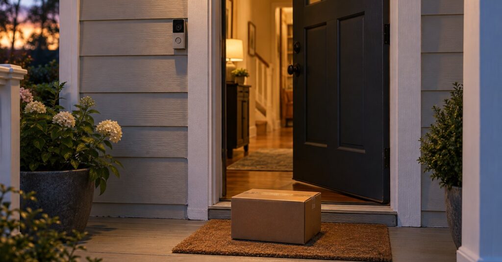 A doorbell camera beside a front door at dusk, with a parcel on the step.