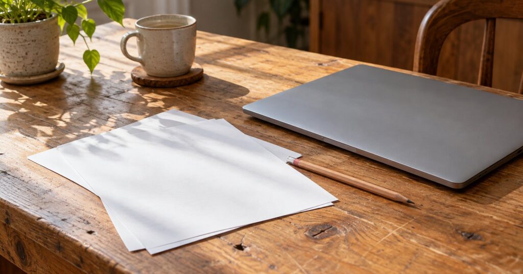 Blank paper and a pencil beside a closed laptop on a table