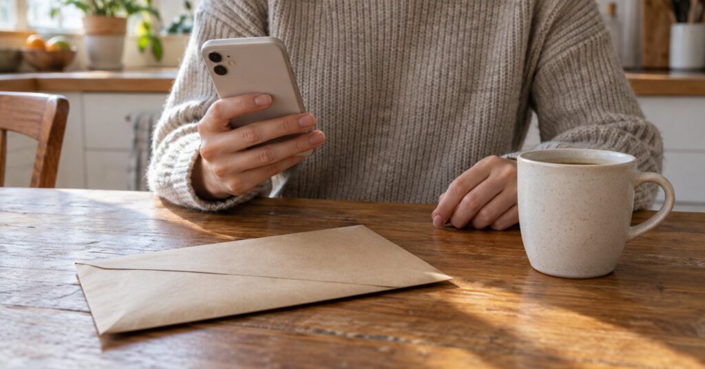 Person at a wooden table holding a phone with its back to the camera, beside a sealed envelope and a mug.