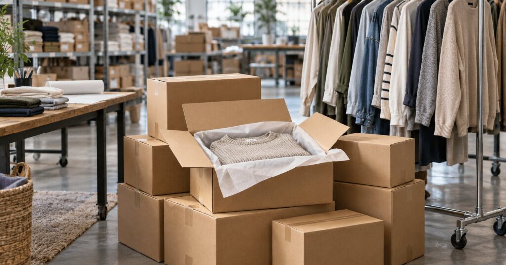 Cardboard parcels and a rail of clothes in a fashion warehouse, one parcel open