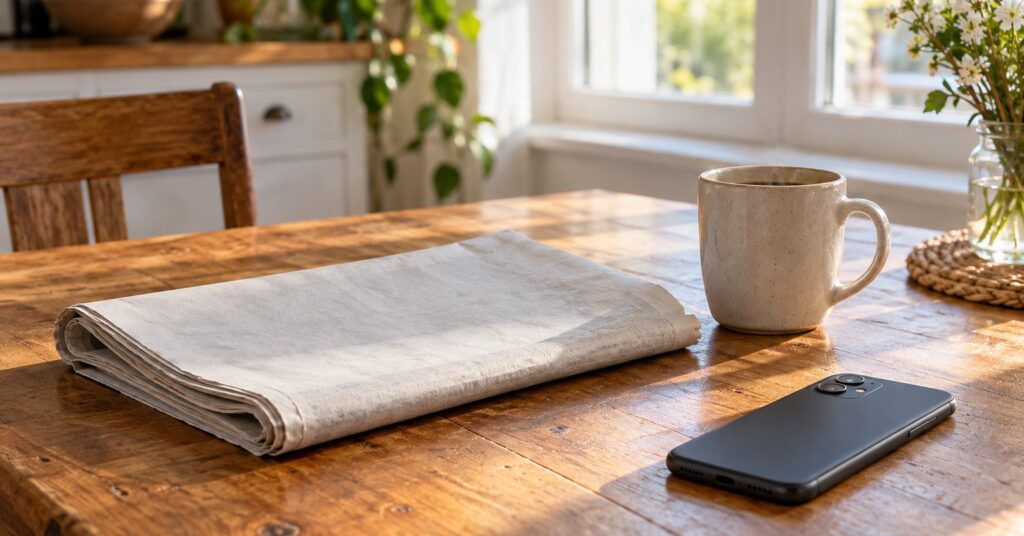 A phone face down beside a folded newspaper and a mug on a kitchen table.
