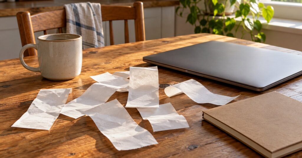 Paper receipts and a notebook on a kitchen table beside a closed laptop