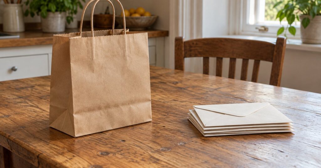A shopping bag set apart from a stack of mail on a wooden table.