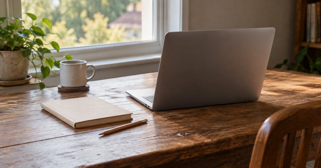 A closed notebook and pencil on a wooden desk beside a laptop facing away.
