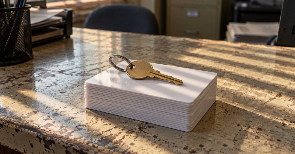 A brass key resting on a stack of blank plastic ID cards on an office counter