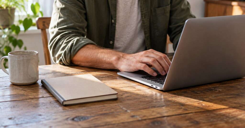 Hands on a laptop keyboard at a desk, with the screen turned away and a closed notebook beside it.