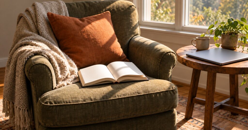 Open paperback on an armchair beside a closed laptop
