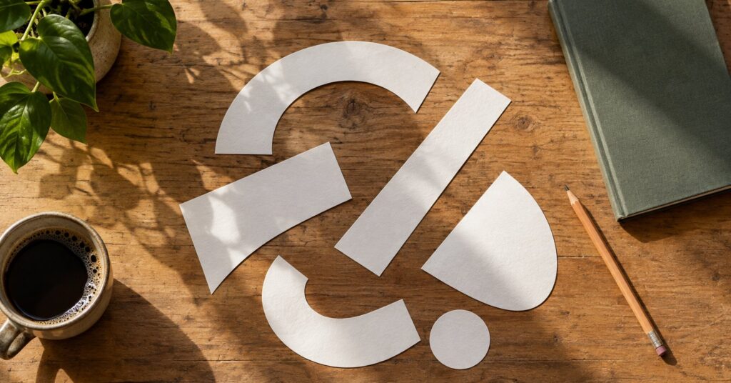 Paper letter shapes and a pencil on a sunlit desk