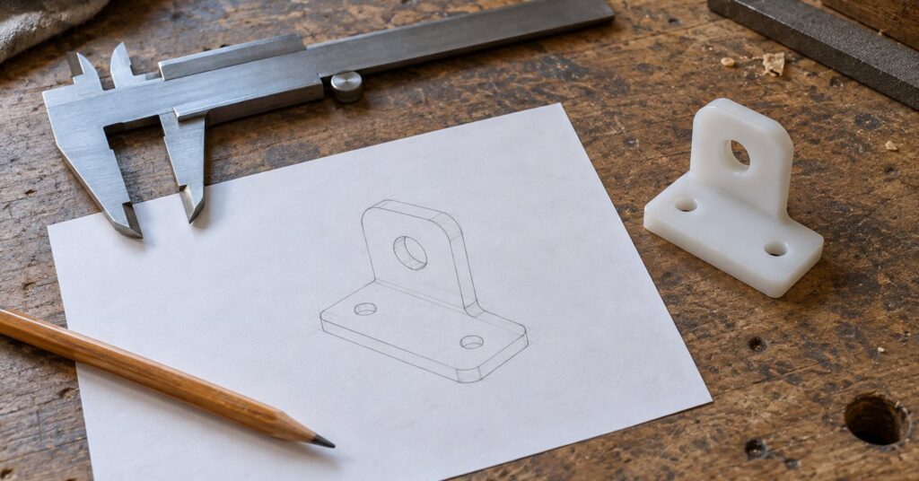 Metal calipers, a pencil outline of a bracket, and a small plastic part on a workbench.