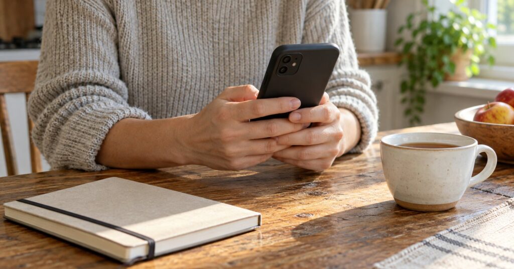 Person at a wooden table holding a phone with its back to the camera, beside a closed notebook and tea.